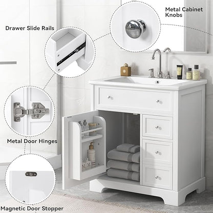 LUMISOL 30" Bathroom Vanity with Sink Combo, Solid Wood Bathroom Vanity with 2 Drawers and Storage Racks on Door, Freestanding Bathroom Storage Cabinet with Ceramic Basin Sink, White