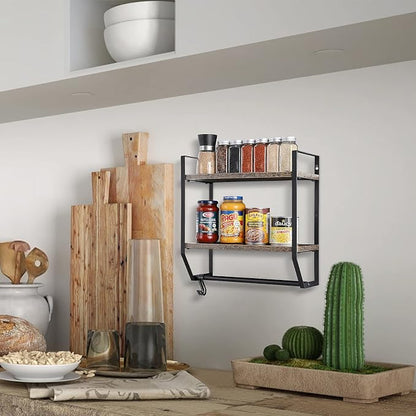 OYEAL Bathroom Shelf with Towel Bar Wall Mounted Towel Rack | Rustic Towel Shelf for Bathroom with 5 Hooks, 2 Tier Shelf Storage Organizer for Living Room, Kitchen, Bedroom, Rustic Brown