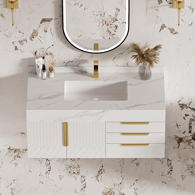 homary 36" Floating Bathroom Vanity Set with Single Sink, Modern Bathroom Sink Cabinet Storage Cabinet with Sintered Stone Countertop and Ample Storage, White