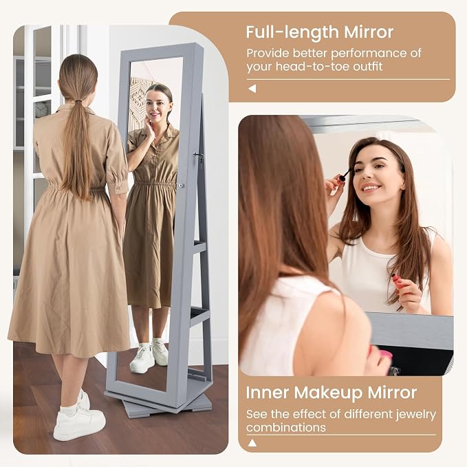 GOFLAME 360° Rotating Jewelry Armoire, Lockable Jewelry Cabinet with Full-Length Mirror & Inner Makeup Mirror, Standing Jewelry Storage Organizer with Rear Storage Shelves, Gray
