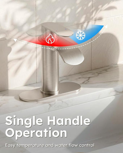 WOWOW Brushed Nickel Bathroom Faucet:Single Hole Waterfall Bathroom Faucets Sink with cUPC Supply Lines and Pop Up Drain,Modern Single Handle Bathroom Faucet 1 Hole for Countertop,Bathroom Sink Faucet
