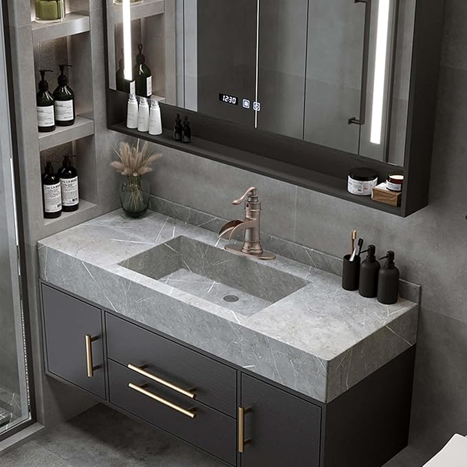 BWE Copper Bathroom Faucet Antique Brass Sink Vanity Bath Restroom Basin Single Handle Waterfall Rose Mixer Tap One Hole Lever Deck Mount Commercial