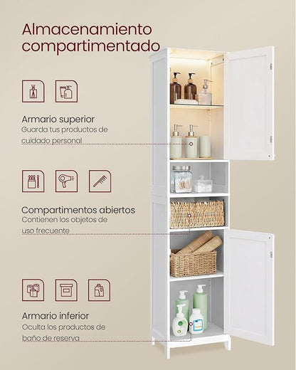 VASAGLE Tall Bathroom Cabinet with Lights, Slim Freestanding Bathroom Storage Cabinet with Adjustable Shelves, for Small Spaces, Modern, 15.7 Inches Wide, Cloud White UBBC766W02