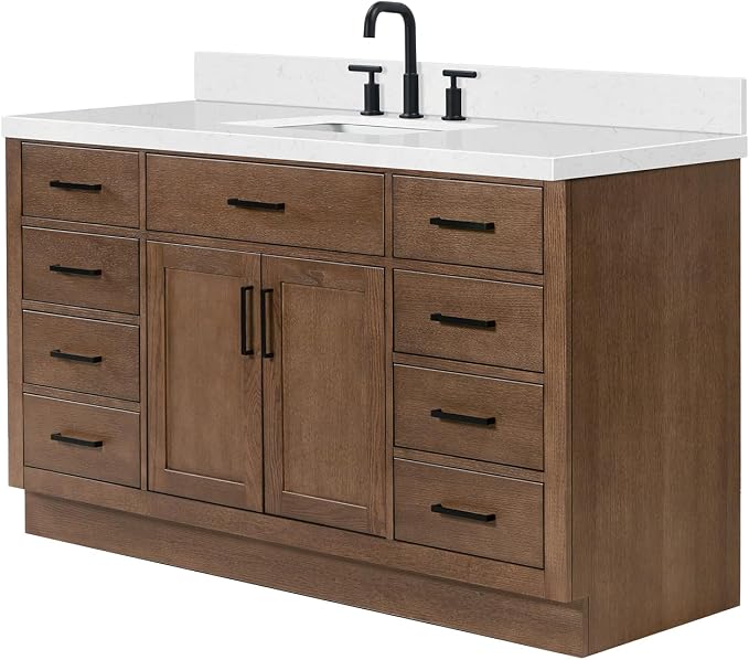 ARIEL Hepburn 60-inch Bathroom Vanity with Sink,Solid Wood, 1.5-inch Carrara White Quartz Countertop, Single Rectangular Porcelain Sink, 2 Soft Closing Doors, 9 Dovetail Drawers, Brown Oak