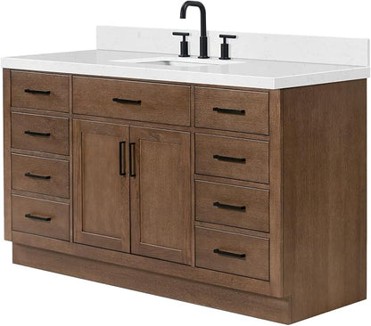 ARIEL Hepburn 60-inch Bathroom Vanity with Sink,Solid Wood, 1.5-inch Carrara White Quartz Countertop, Single Rectangular Porcelain Sink, 2 Soft Closing Doors, 9 Dovetail Drawers, Brown Oak