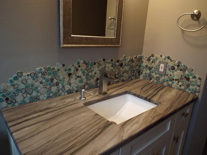 Ceramic Pebble Mosaic Tile, Aqua Cream Coffee, 5 Sq Ft | Crystal Glazed Porcelain, River Stone Look, 12"x12" Sheet for Kitchen Backsplash, Fireplace Surround & Spa Wall Decor