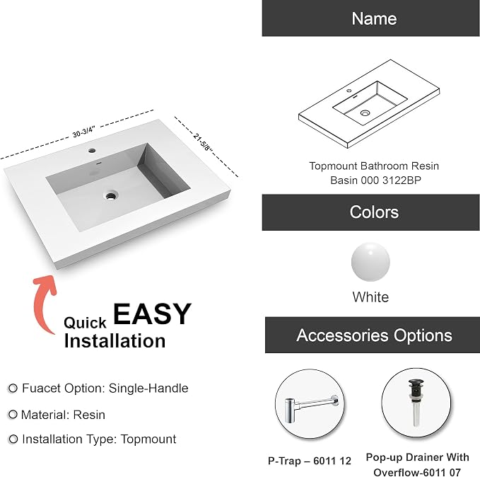 Dowell 31" Bathroom Sink,Single Bowl Vanity Basin,Rectangular Drop-In Bathroom Sink with Overflow,White-000 3122BP