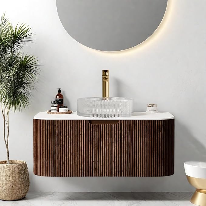 36" Floating Bathroom Vanity with Sink, Wall-Mount Modern Bathroom Cabinet with Ultra-Thin Crystal Glass Basin and Marble Top, Soft-Close Large Storage Drawer, Pre-Assembled, Dark Walnut