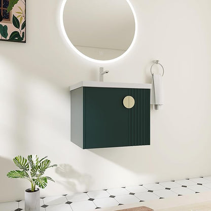 24 Inch Bathroom Vanity with Sink, 24" Floating Vanity with White Glossy Ceramic Sink, Plywood Wooden Bathroom Cabinet with Soft-Close Doors, Modern Wall Mounted Cabinet Set (Green)
