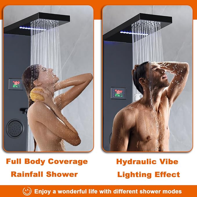 LCD Temperature Display Rainfall Shower Panels Tower System with Storage Shelf, Matte Black LED Light 304 Stainless Steel with Handheld Massage Body Jets Water Waterfall Bathtub