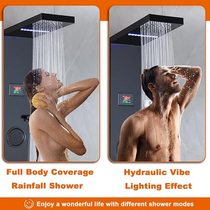LCD Temperature Display Rainfall Shower Panels Tower System with Storage Shelf, Matte Black LED Light 304 Stainless Steel with Handheld Massage Body Jets Water Waterfall Bathtub