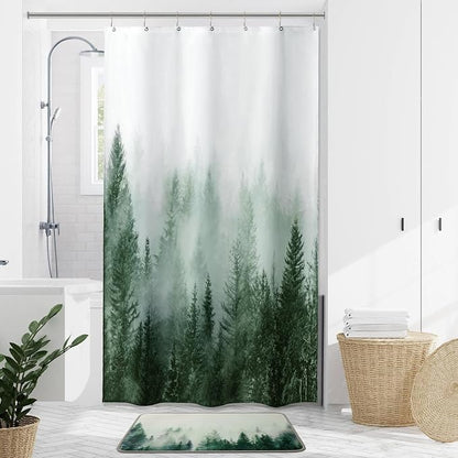 ORTIGIA Misty Forest Stall Shower Curtain for Small Bathroom, Green Half Size Narrow Nature Woodland Shower Curtain Set with Hooks, Waterproof Fabric Pine Tree Fog Magic Home Bath Curtain 36x72 inch