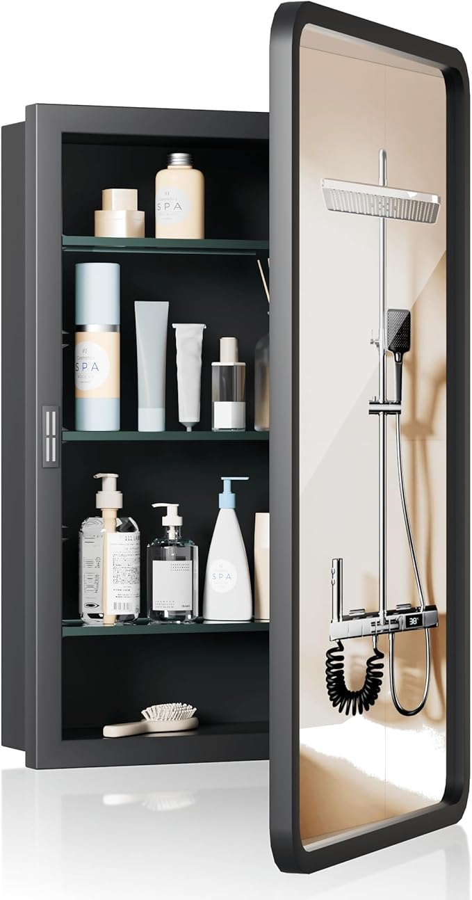 Black Medicine Cabinet Mirror,20x26 Inch Recessed Metal Framed Medicine Cabinet for Bathroom with Mirror,Adjustable Shelves Rounded Rectangle Bathroom Cabinet