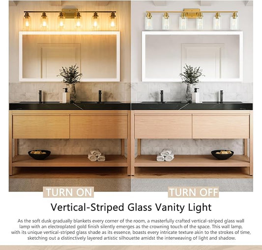 Jonsi Brushed Gold Bathroom Light Fixtures, 6-Light Brushed Gold Vanity Light, Bathroom Vanity Light with Stripe Glass Shade, E26 Wall Sconces Over Mirror for Bathroom, Living Room, Hallway