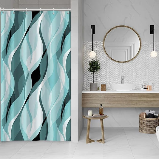 Teal Shower Curtain, Abstract Turquoise and Grey Striped Shower Curtain Set for Bathroom Waterproof Shower Curtain with Hooks, 48x72 Inch