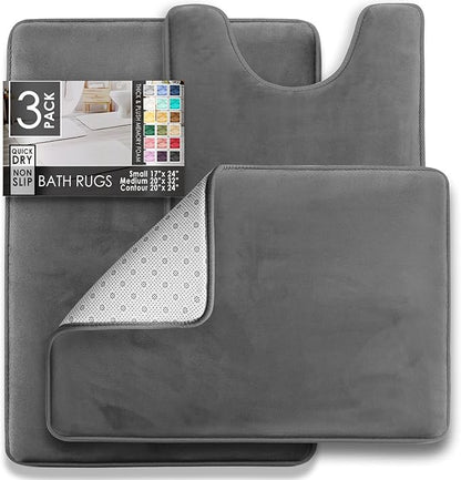 Clara Clark 2 Piece Bathroom Rugs Bath Mat Set, Velvet Memory Foam Bath Mats for Bathroom - Non-Slip, PVC Backing Bath Rugs, Washable - Dries Quickly, Grey