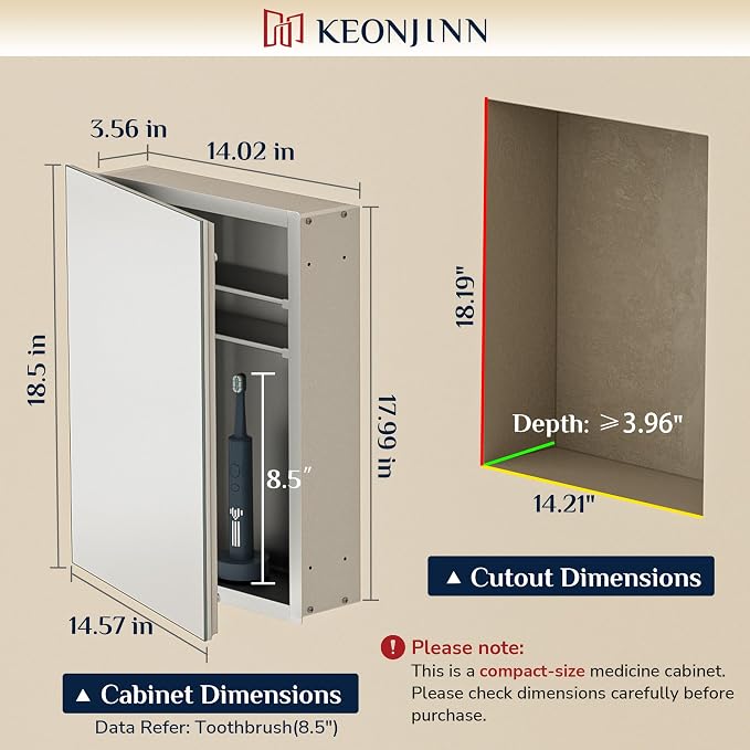 Keonjinn Small Medicine Cabinet with Mirror 14 x 18 Inch, Aluminum Frame | Assembly Needed, Freely Adjustable Shelves, Recessed or Wall-Mounted, Safe Tempered Glass with Clear Reflection, DTC Hinges