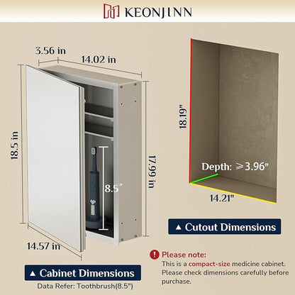 Keonjinn Small Medicine Cabinet with Mirror 14 x 18 Inch, Aluminum Frame | Assembly Needed, Freely Adjustable Shelves, Recessed or Wall-Mounted, Safe Tempered Glass with Clear Reflection, DTC Hinges