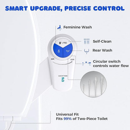 Bidet Attachment for Toilet Seat, Non-Electric Cold Water Bidet with Pressure Controls, Dual Nozzles for Frontal & Rear Wash, Retractable Self-Cleaning for Female & Old- White