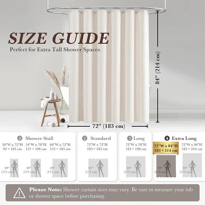 Seasonwood Cream Linen Shower Curtain Farmhouse Bathroom Decor 72x84 Inches | Boho Bathroom Decor,12 Sturdy Stainless Steel Sliding Hangers,Rustic Country Style,Linen Shower Curtains for Bathroom