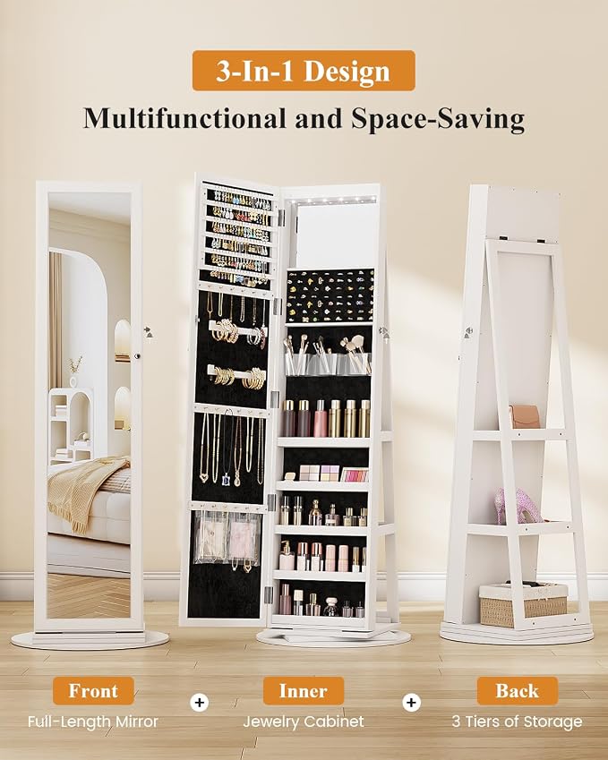 LVSOMT LED Jewelry Cabinet Standing, 360° Swivel Jewelry Armoire, White | Full Length Mirror with Storage, 3 Rear Shelves, Internal Mirror, 3 Color Lights, Lockable for Bedroom, Women Girls Gift