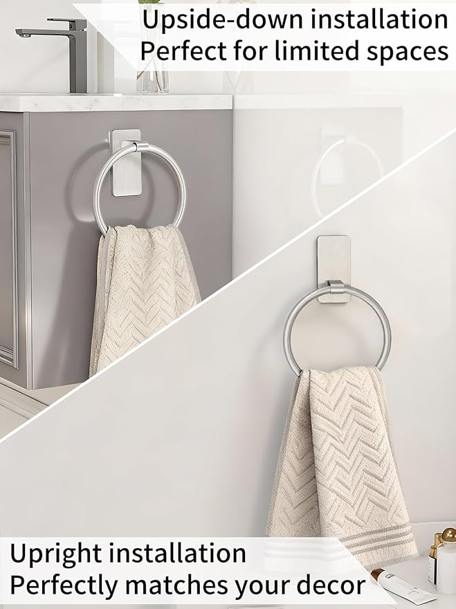 STWWO Hand Towel Holder for Bathroom, Brushed Nickel Towel Ring Adhesive | Bathroom Towel Holder Self Adhesive for Bath RV Kitchen, No Drill Hole