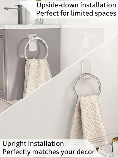 STWWO Hand Towel Holder for Bathroom, Brushed Nickel Towel Ring Adhesive | Bathroom Towel Holder Self Adhesive for Bath RV Kitchen, No Drill Hole