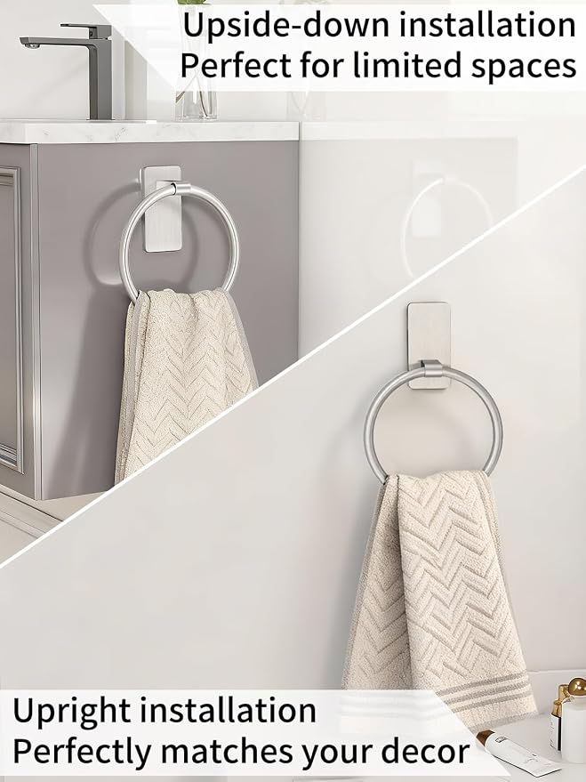STWWO Brushed Nickel Towel Ring, Hand Towel Holder for Bathroom, 2 Pack | Self Adhesive Hand Towel Rings for Bath RV Kitchen, No Drill Hole, Silver