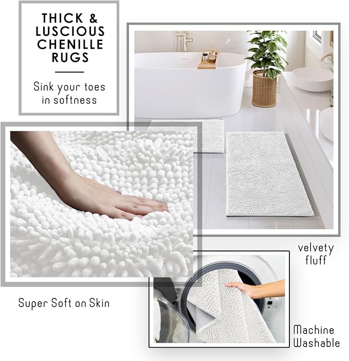 Clara Clark Bathroom Set - White Bathroom Accessories Set, 6PC Bathroom Accessory Set, Bathroom Sets with Bathroom Rugs, Adhesive Corner Shower Caddy Hanging, Toilet Brush, Trash Can & Soap Dispenser