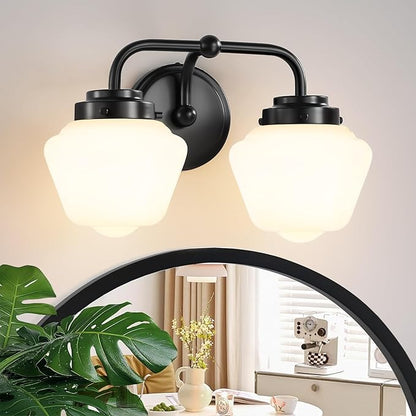 Bathroom Vanity Light Fixtures: 2-Light Black Bathroom Lighting Fixtures Over Mirror with Milky White Frosted Glass Shade, Farmhouse Modern Wall Light for Bath