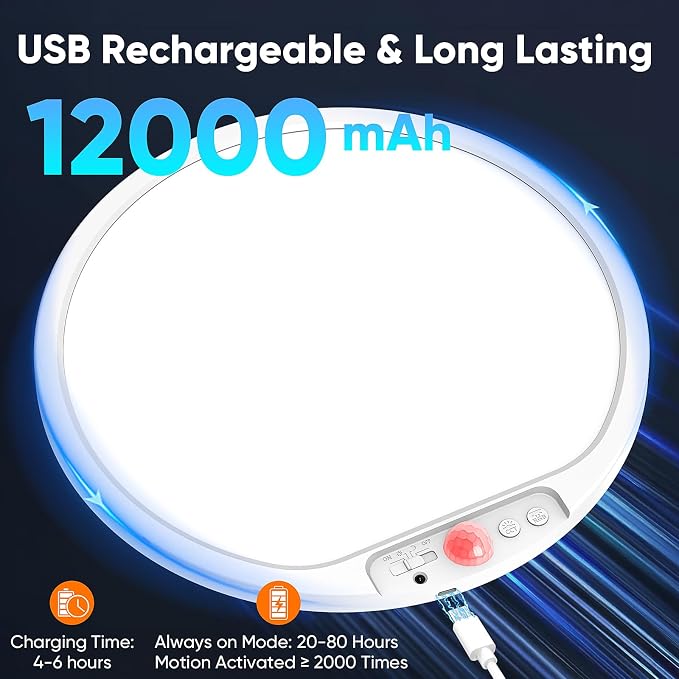 Rechargeable Motion Sensor Ceiling Light, 12000mAh Battery Closet Light | 12" Wireless Battery Powered LED Shower Light, Magnetic Cordless Ceiling Light with Remote, Overhead Lamp for Pantry Hallway