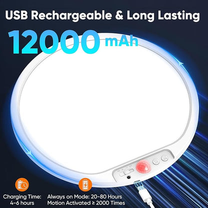 Rechargeable Motion Sensor Ceiling Light, 12000mAh Battery Closet Light | 12" Wireless Battery Powered LED Shower Light, Magnetic Cordless Ceiling Light with Remote, Overhead Lamp for Pantry Hallway