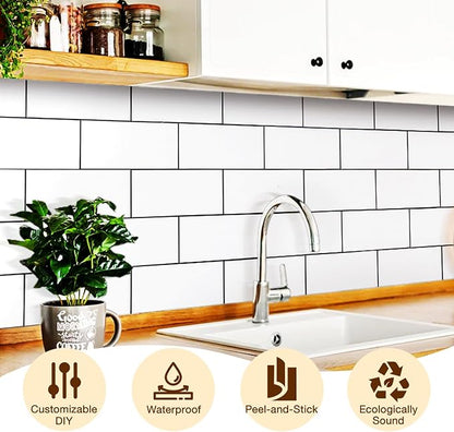 Peel and Stick Backsplash Tile for Kitchen & Bathroom Walls (White, 10 Tiles - 9.7 sq. ft. (0.9 m²))