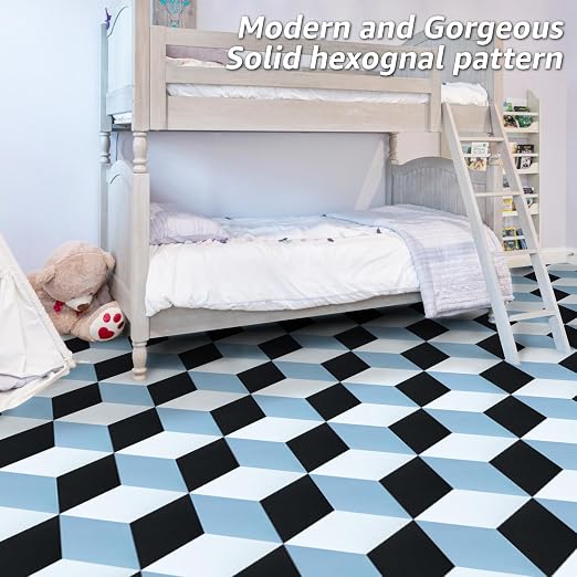 Art3d 30-Pack Hexagon Peel and Stick Vinyl Floor Tiles, Blue/Black/White | 11.8" x 10.2" Single Tile, Self Adhesive, Waterproof, Simple to Clean, Ideal for Kitchen, Bathroom, Living Room, Bedroom