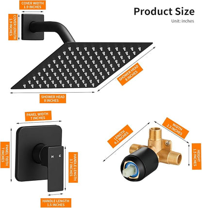 Black Shower Head And Faucet Set Complete With Valve Shower Fixtures With 8 Inch High Pressure Rain Shower Head Trim kit Regaderas Para bBaño Modernas