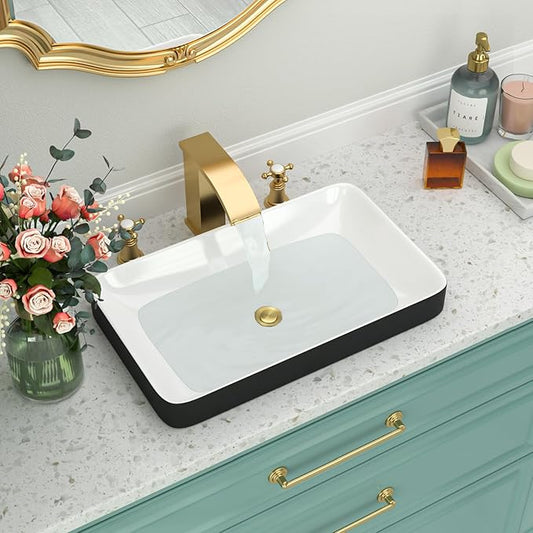 Vessel Bathroom Sink-Beslend Semi Recessed Black&White 19x12 Above Counter Rectangular Ceramic Wash Sinks Top Counter Porcelain Modern Art Basin