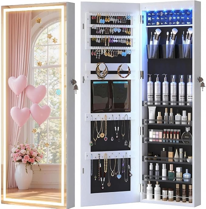LVSOMT Wall Mounted Jewelry Organizer with Full Length Mirror, 42.5", White | Over the Door Mirror with Storage, Lockable Jewelry Cabinet for Earring Ring Necklace, Large Capacity, Gift for Women