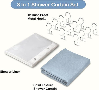 3 in 1 Shower Curtain Set, Fog Blue Boho Shower Curtain and Clear Liner Set with 12 Double Sided Shower Curtain Hooks, Cloth Shower Curtains for Bathroom,Waterproof, 72" W*72" H
