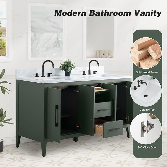 HomeBeyond 60 Inch Bathroom Vanity with Sink & Ceramic Top, Double Vanity Cabinet with Basin, Soft-Closing Doors & Matte Black Hardware, Vintage Green