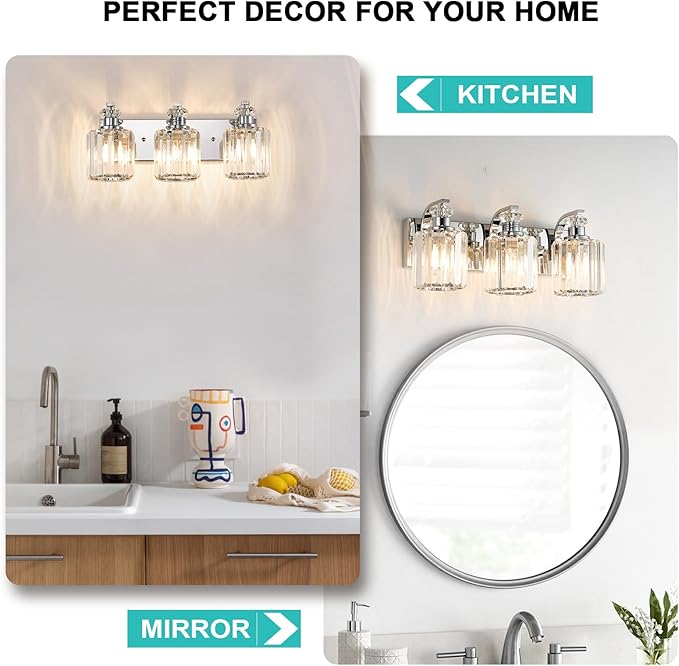 Chrome Bathroom Light Fixtures with K9 Crystal Lampshade Bathroom Lighting Over Mirror Vanity Lights for Living Room,Bedroom,Restroom,Hallway 3 Lights