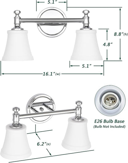 Bathroom Vanity Light Fixtures, Traditional Chrome 2 Lights Wall Sconce Lighting with Opal Glass Shade, Porch Wall Mount Light Fixture for Bathroom, Mirror Cabinets Hallway Stairs
