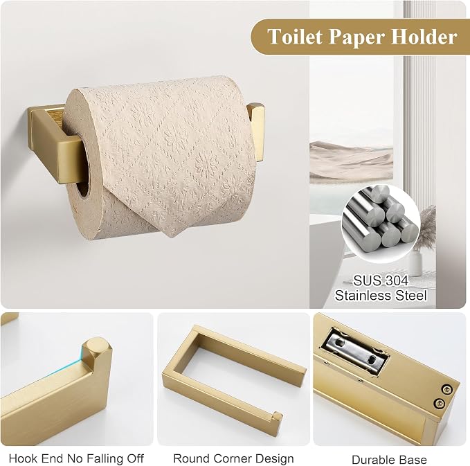 Brushed Gold Bathroom Accessories, Toilet Paper Holder, Towel Bar and Hook | Lairuier 3 Pieces Bathroom Hardware Set, SUS304 Stainless Steel Towel Holder Set Toilet Paper Holder Robe Hook Wall Mounted