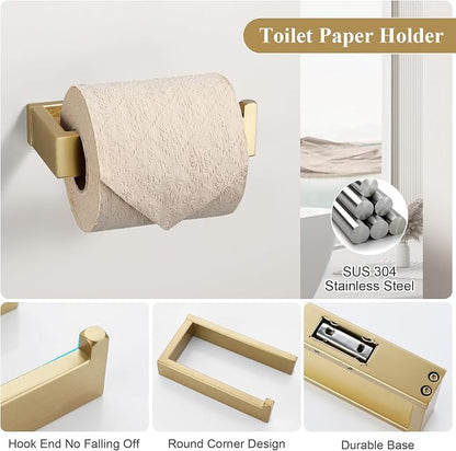 Brushed Gold Bathroom Accessories, Toilet Paper Holder, Towel Bar and Hook | Lairuier 3 Pieces Bathroom Hardware Set, SUS304 Stainless Steel Towel Holder Set Toilet Paper Holder Robe Hook Wall Mounted