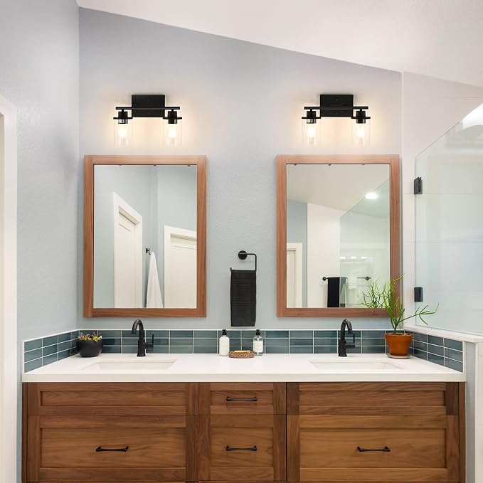 EDISHINE Bathroom Light Fixtures, 2-Light Bathroom Vanity Light with Clear Glass Shades, Matte Black Vanity Lights, Vintage Wall Sconces for Bedroom Living Room Hallway, E26 Base (Bulbs Not Included) | E26 Base (Bulbs Not Included), Vintage Wall Sconce...