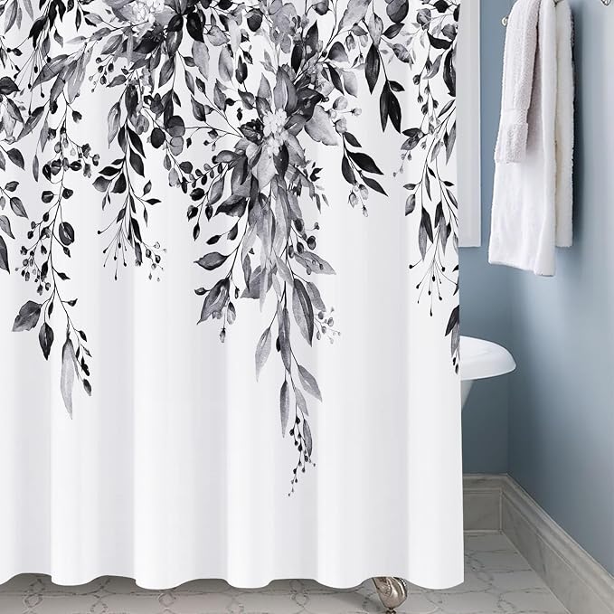Shower Curtain Black and White Shower Curtains for Bathroom,Watercolor Leaf Shower Curtain Sets Waterproof Plant Eucalyptus Shower Curtain Leaves Bathroom Curtains 72x72 in with Hooks