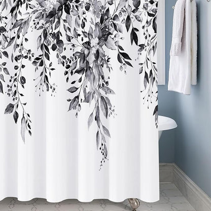 Shower Curtain Black and White Shower Curtains for Bathroom,Watercolor Leaf Shower Curtain Sets Waterproof Plant Eucalyptus Shower Curtain Leaves Bathroom Curtains 72x72 in with Hooks