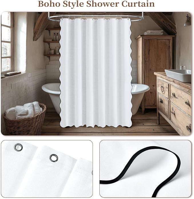 BTTN 72x90 Boho Scalloped Linen Textured Cloth Shower Curtain Set, White | Long Size, 230GSM Waterproof Polyester, Heavy Duty Fabric, 12 Plastic Hooks, Elegant Modern Farmhouse Style, Machine Washable