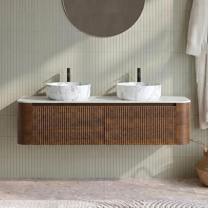 60" Preassembled Double Floating Bathroom Vanity with Carrara Sink, Walnut | Mid-Century Modern Style, Fluted & Soft-Close Drawer with U-shaped Wall, Sinterted Stone Countertop, Towel Rack Included