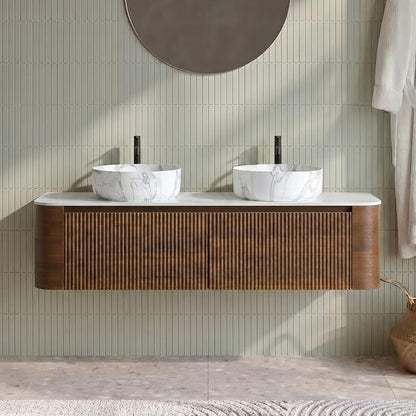 60" Preassembled Double Floating Bathroom Vanity with Carrara Sink, Walnut | Mid-Century Modern Style, Fluted & Soft-Close Drawer with U-shaped Wall, Sinterted Stone Countertop, Towel Rack Included