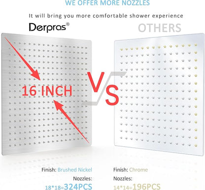 16 Inch Square Rain Shower Head | 304 Stainless Steel, 324 Jets, Ultra Thin High Pressure Bathroom Rainfall Showerhead, Brushed Nickel